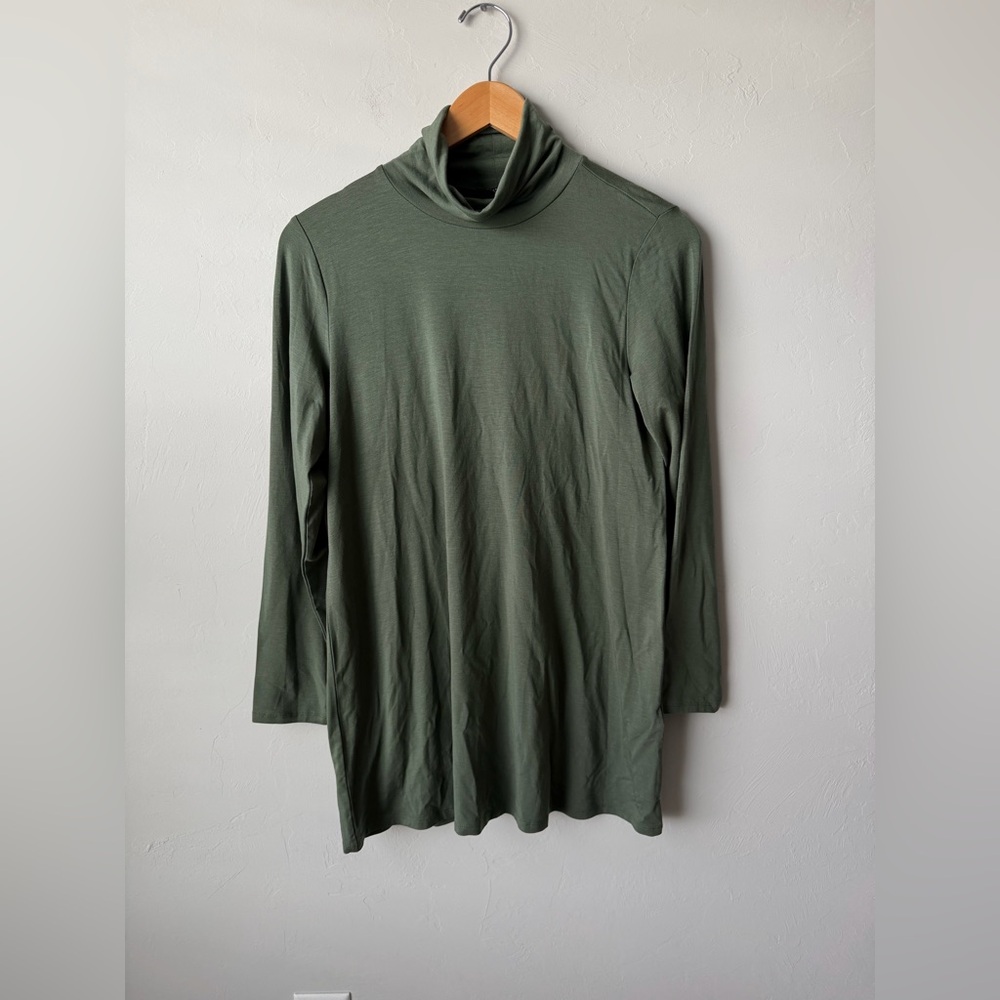 NWT Eileen Fisher Fine Jersey Scrunch Neck Tunic in Cypress Green Relaxed Silho